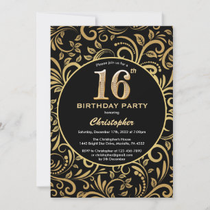 Invitación 16.º Nacimiento Patrón Floral Negro y Oro