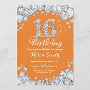 Invitación 16.º Naranja de cumpleaños y diamante plateado