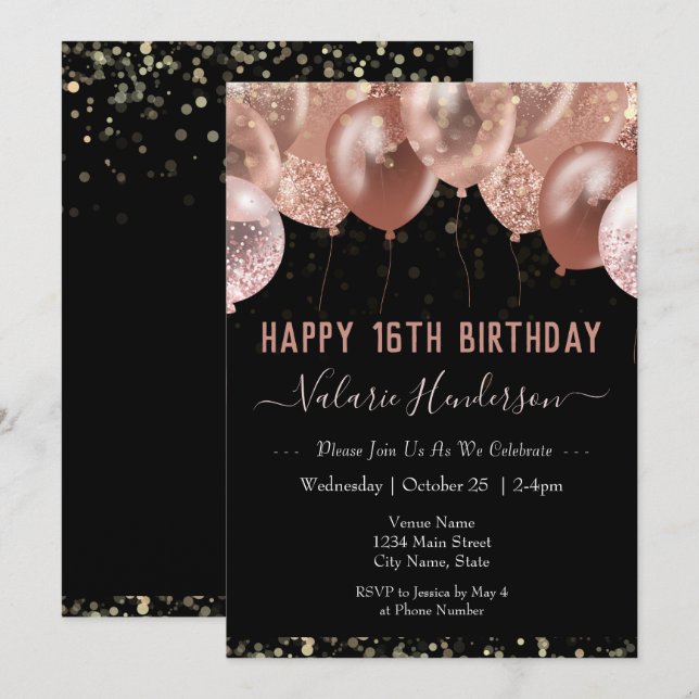 Invitación 16.º natalicio Globos rosados (Anverso / Reverso)
