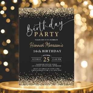 Invitación 16.º Purpurina de oro negro cualquier cumpleaños d
