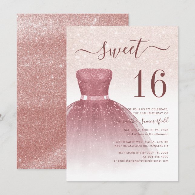 Invitación 16.º Rosa de oro Glam Dieciséis cumpleaños (Anverso / Reverso)