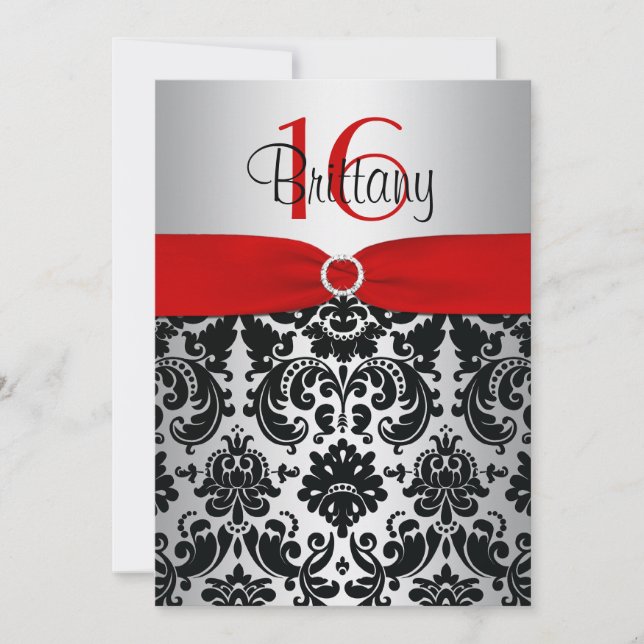 Invitación 16 a Damas Dulce Rojo, Plata y Negro (Anverso)