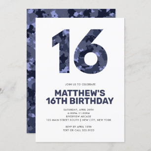 Invitación 16 Aniversario, Adolescente Personalizada Camo Azu