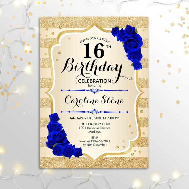Invitación 16 Aniversario - Bandas de oro Roya; Rosas azules (Subido por el creador)