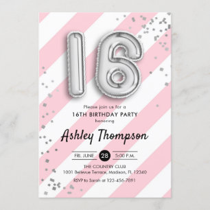Invitación 16 Aniversario - Bandas rosadas y globos plateados