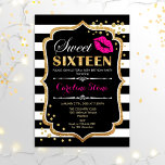 Invitación 16 Aniversario - Dulce Dieciséis Oro Rosa Negro<br><div class="desc">Dulce Invitación De Cumpleaños. Elegante diseño blanco negro con falso oro purpurina. Cuenta con un beso de labios rosas,  rayas blancas negras,  un confetti y un tipo de letra de guión. Perfecto para una elegante fiesta de cumpleaños. Mándame un mensaje si necesitas más personalización.</div>