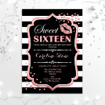Invitación 16 Aniversario - Dulce Dieciséis Oro Rosa Negro<br><div class="desc">Dulce Invitación De Cumpleaños. Elegante diseño blanco negro con rosa purpurina falso de oro. Cuenta con un beso de labios rosas,  rayas blancas negras,  un confetti y un tipo de letra de guión. Perfecto para una elegante fiesta de cumpleaños. Mándame un mensaje si necesitas más personalización.</div>