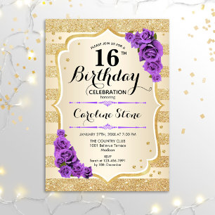 Invitación 16 Aniversario - Golpes de oro Rosas morados