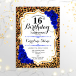 Invitación 16 Aniversario - Impresión del Leopardo del Oro Az<br><div class="desc">16ª Invitación de cumpleaños. Elegante diseño blanco azul real con falso oro purpurina. Presenta la huella animal leopardo cheetah,  letra de guión y rosas azules de zafiro. Perfecto para una elegante fiesta de cumpleaños. ¡Puede ser personalizado en cualquier año! Mándame un mensaje si necesitas más personalización.</div>