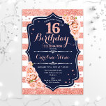 Invitación 16 Aniversario - Rosa de la Marina con franjas dor<br><div class="desc">16ª Invitación de cumpleaños. Elegante diseño blanco y marinero de rosa con purpurina falso. Perfecto para una elegante fiesta de cumpleaños.</div>