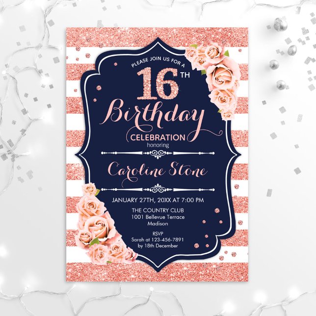 Invitación 16 Aniversario - Rosa de la Marina con franjas dor (Subido por el creador)