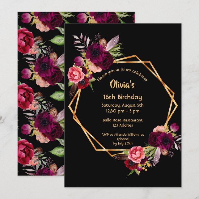 Invitación 16 años burdeos floral oro geométrico negro (Anverso / Reverso)