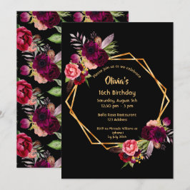 Invitación 16 años burdeos floral oro geométrico negro