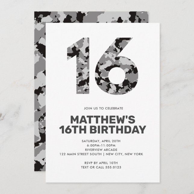 Invitación 16 AÑOS, Gray Camo Personalizado Adolescente (Anverso / Reverso)