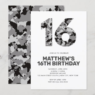 Invitación 16 AÑOS, Gray Camo Personalizado Adolescente
