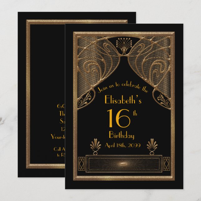 Invitación 16,Cumpleaños 16,Art Deco, oro negro (Anverso / Reverso)