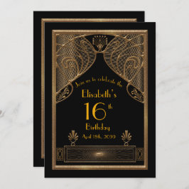 Invitación 16,Cumpleaños 16,Art Deco, oro negro