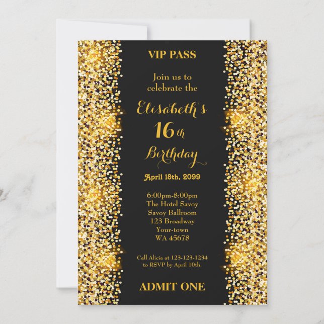 Invitación 16,Cumpleaños 16,Estilo Gatsby,ticket,oro negro (Anverso)