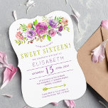 Invitación 16 cumpleaños boho moda floral dulce dieciséis<br><div class="desc">Rústico y elegante plantilla de dieciséis invitaciones para fiestas, con un ramo pintado a mano de aroma y verde salvia, lila, violeta, rosa polvoriento y peonía rosa de color rosa oscuro, con letras de guijarros y follaje. Rellene su información en los puntos, Puede elegir personalizar de los tipos de letra,...</div>