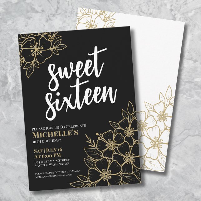 Invitación 16 Cumpleaños Dulces Dieciséis Floral de Oro (16th Black Gold Floral Sweet Sixteen Birthday Invitation)