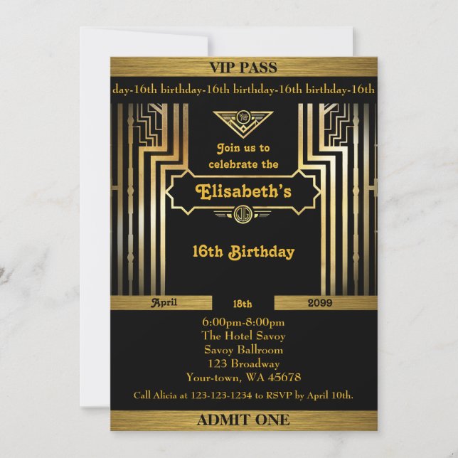 Invitación 16 cumpleaños, estilo Gatsby, entrada, negro dorad (Anverso)