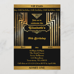 Invitación 16 cumpleaños, estilo Gatsby, entrada, negro dorad