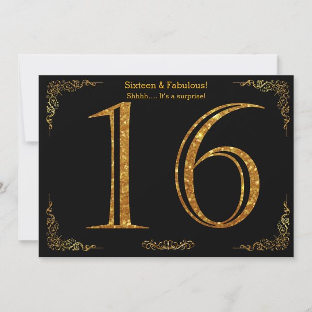 Invitación 16 cumpleaños, Gatsby styl, purpurina de oro negro (Anverso)