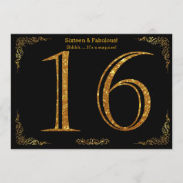 Invitación 16 cumpleaños, Gatsby styl, purpurina de oro negro
