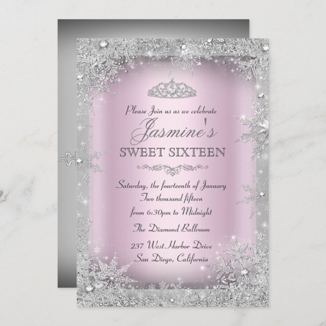 Invitación 16 de Silver Winter Wonderland Pink Swe (Anverso / Reverso)