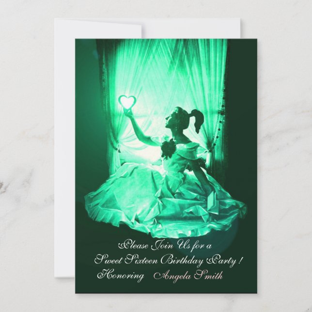 INVITACIÓN 16 FIESTA DULCE, DAMASCA NEGRA VERDE (Anverso)
