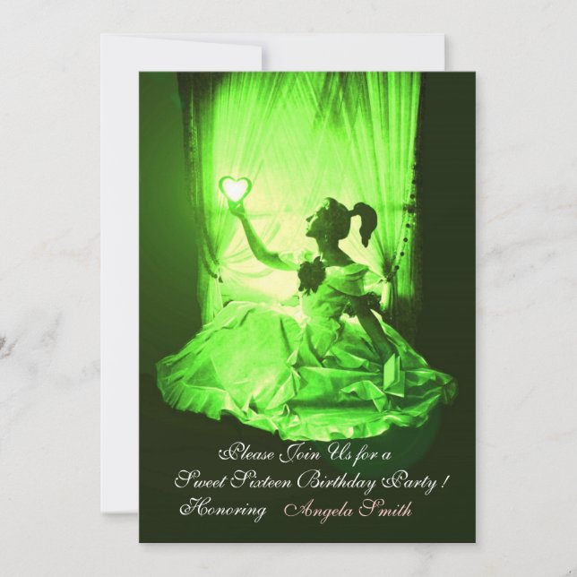 INVITACIÓN 16 FIESTA DULCE, DAMASCA NEGRA VERDE EMERALD (Anverso)
