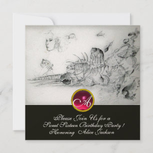 Invitación 16 FIESTAS, Ruby Monograma Blanco negro