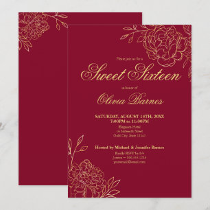 Invitación 16 Flores de color rojo y dorado floral