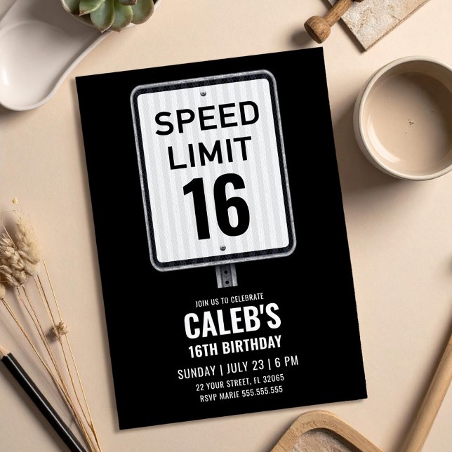 Invitación 16th Birthday Speed Limit Black and White Sign (Subido por el creador)