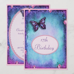 Invitación 17º Faux Brillo, Mariposa, Rosas y Encaje
