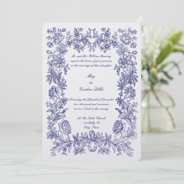 Invitación 1770 Boda de impresión de borde floral botánico (Anverso de pie)