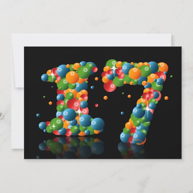 Invitación 17.ª fiesta de cumpleaños, con burbujas y bolas (Anverso)