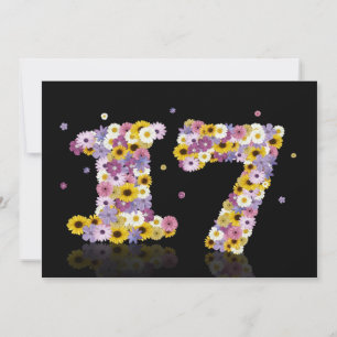 Invitación 17.ª fiesta de cumpleaños, con letras con flores