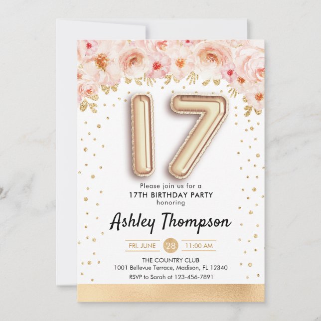 Invitación 17.ª fiesta de cumpleaños - Globos de oro (Anverso)