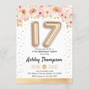 Invitación 17.ª fiesta de cumpleaños - Globos de oro