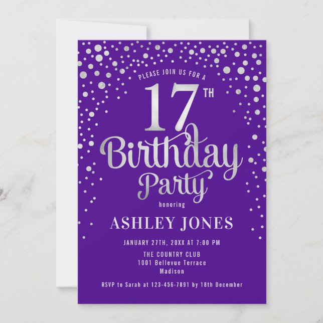 Invitación 17.ª fiesta de cumpleaños - Morado y Plata (Anverso)