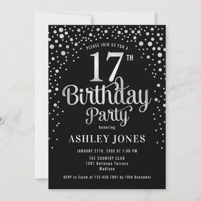 Invitación 17.ª fiesta de cumpleaños - Negro y Plata (Anverso)