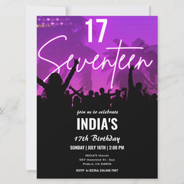 Invitación 17.ª Fiesta de Cumpleaños Neón Rosa (Anverso)