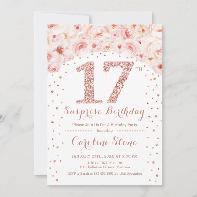 Invitación 17.ª fiesta de cumpleaños sorpresa - Oro rosa blan (Anverso)