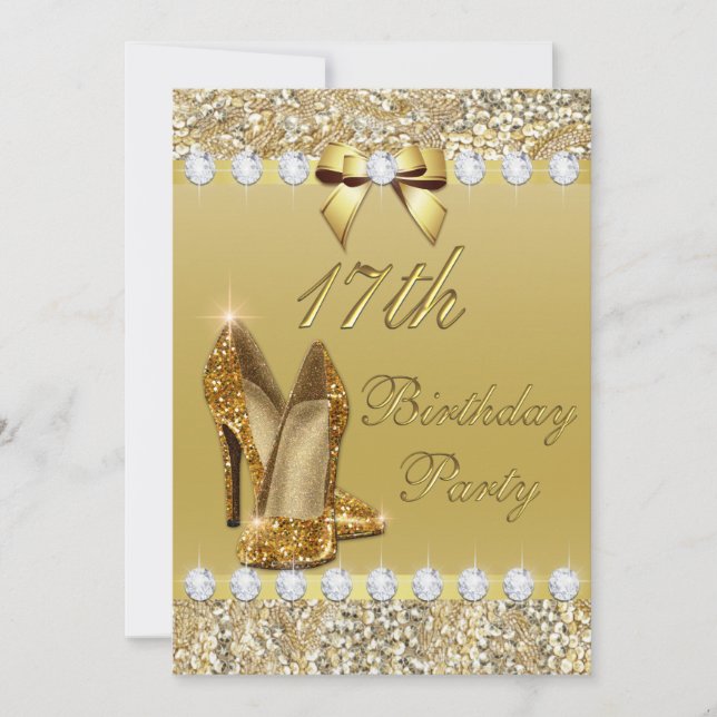 Invitación 17.º Cumpleaños Clásico Heels oro secuestra diaman (Anverso)