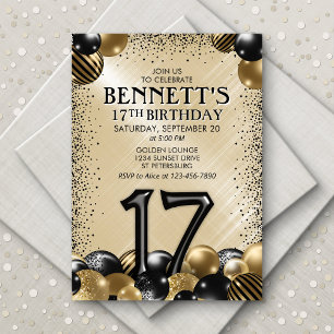 Invitación 17.º cumpleaños del oro negro de los globos