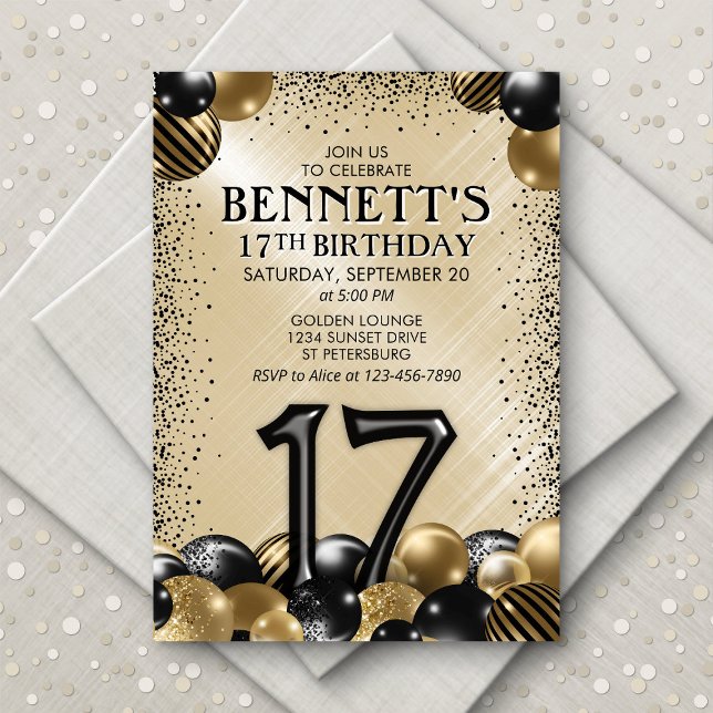 Invitación 17.º cumpleaños del oro negro de los globos (Subido por el creador)