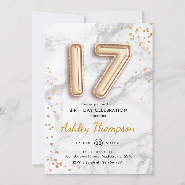 Invitación 17.º cumpleaños - Efecto de mármol de los globos d (Anverso)