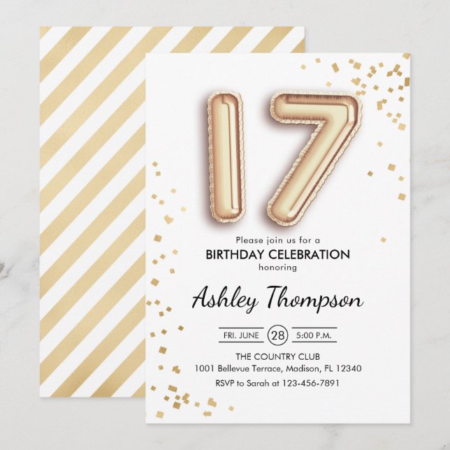 Invitación 17.º cumpleaños - Globos de oro (Anverso / Reverso)