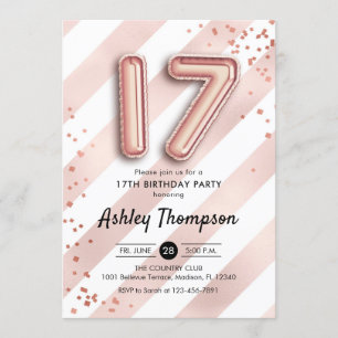 Invitación 17.º cumpleaños - Globos de oro de franjas Rosas
